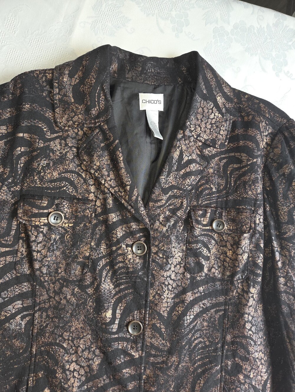 CHICO’S Metallic Bronze Tiger Jacquard Linen Blend Blazer XL 3